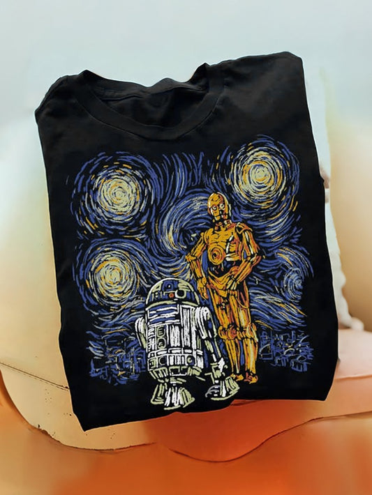 Men's 100% Cotton Planet Print Crew Neck Short Sleeve T-Shirt